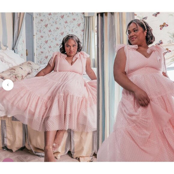 JessaKae Jeanne Pink Dotted Swiss Tulle Shoulder Bows Ankle Length Dress XL NWT - Picture 3 of 10